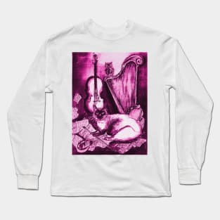 MUSICAL CAT AND OWL WITH MUSIC INSTRUMENTS In Pink Fuchsia Purple White Colors Long Sleeve T-Shirt